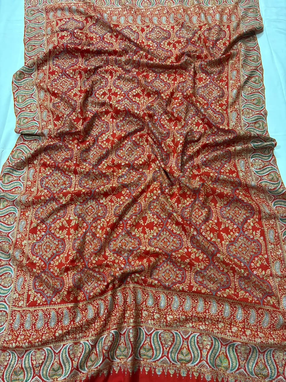Silken Embroidery Jamawar — Blood Red